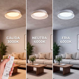 Regulación de temperatura de color seleccionable mediante mando a distancia para alta eficiencia lumínica.