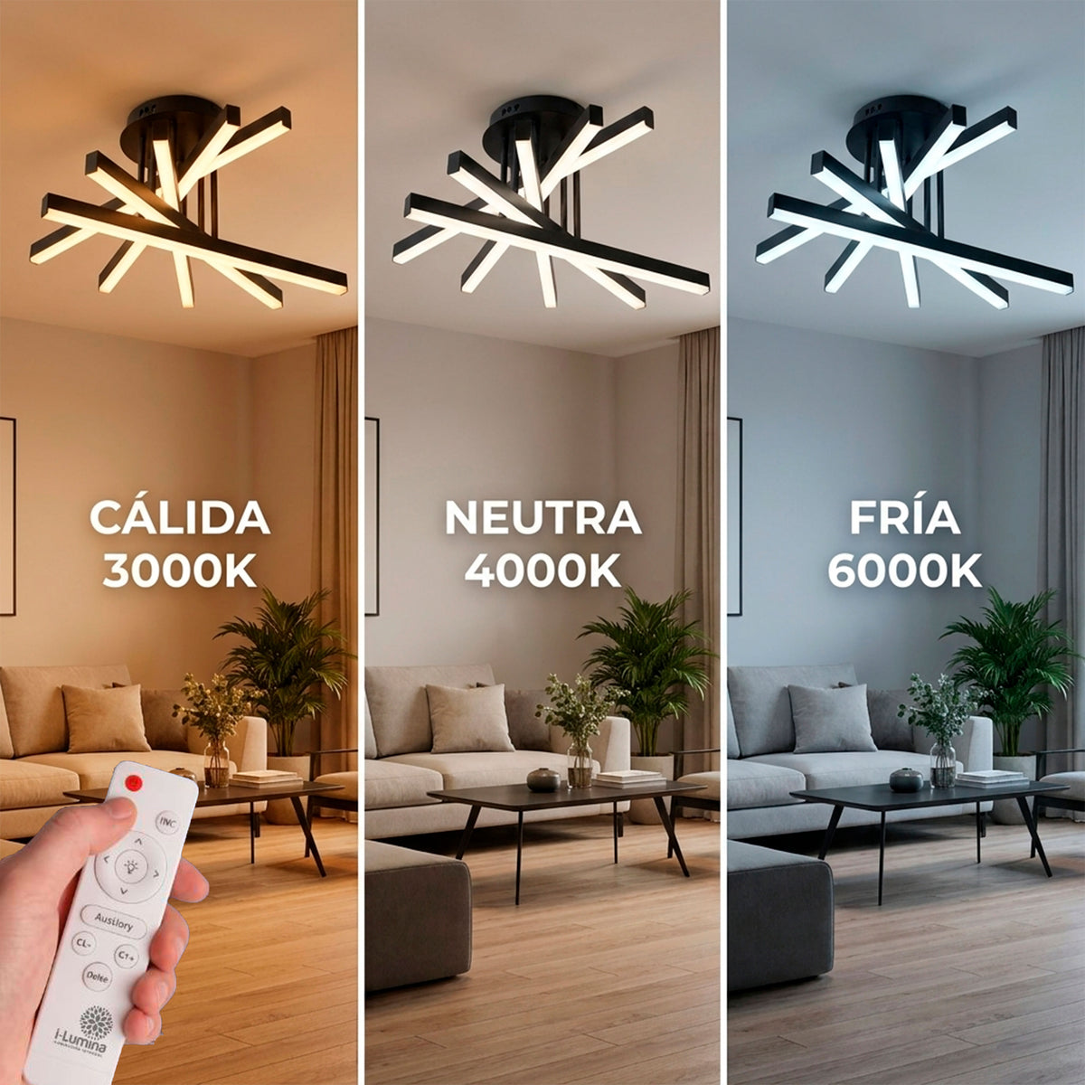 Demostración de temperatura de color de flujo luminoso regulable mediante control a distancia.