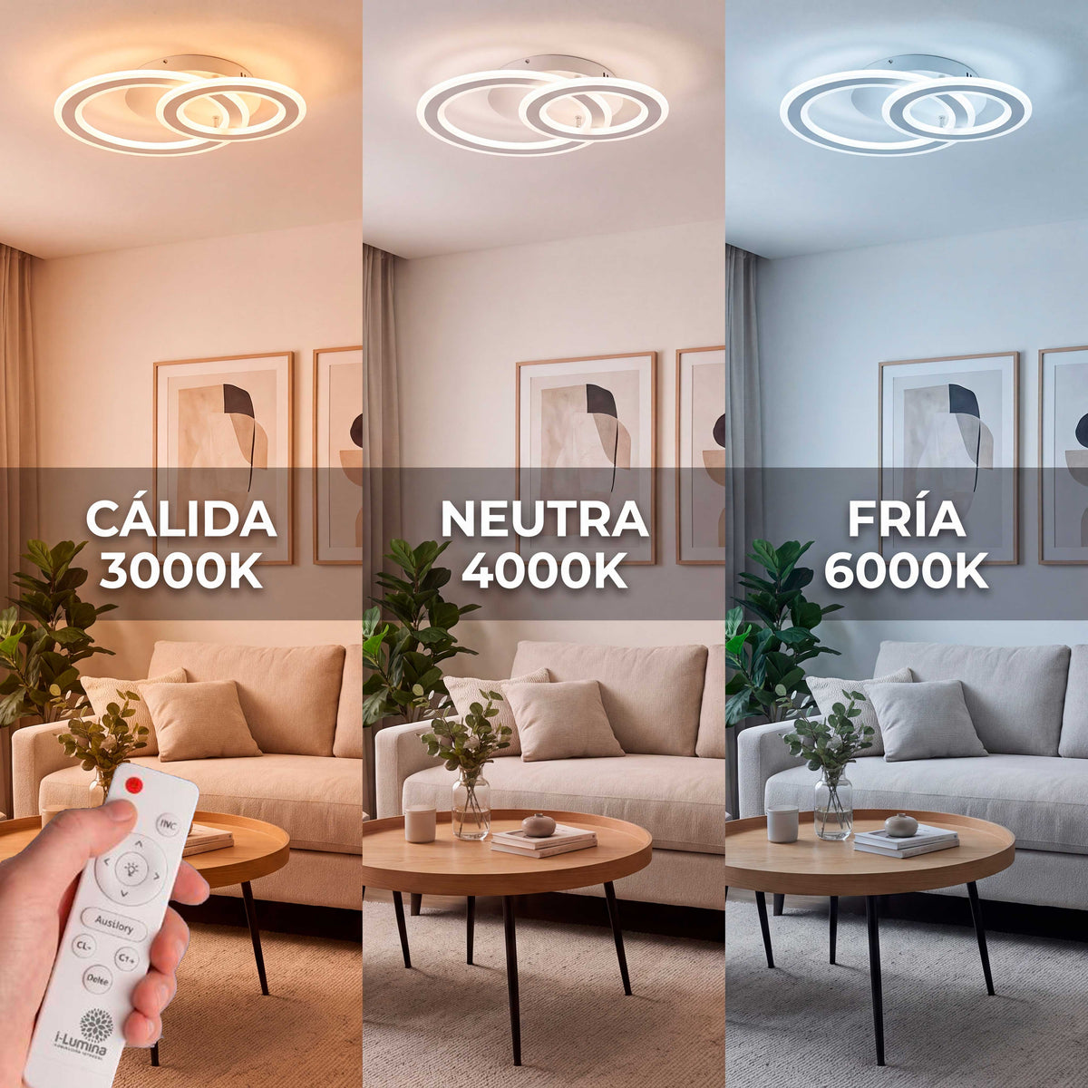 Demostración de temperatura de color de flujo luminoso regulable mediante control a distancia.