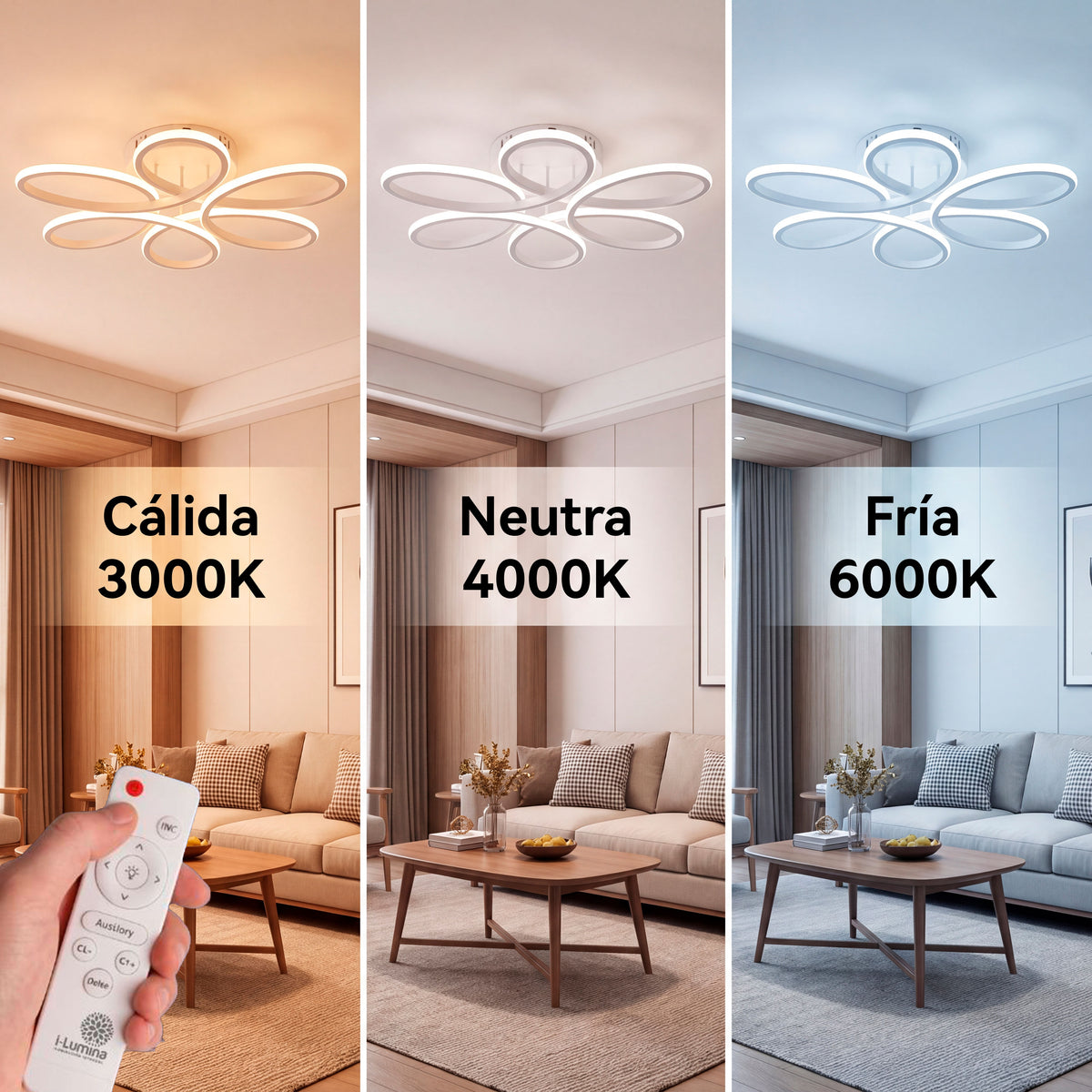Demostración de temperatura de color de flujo luminoso regulable mediante control a distancia.