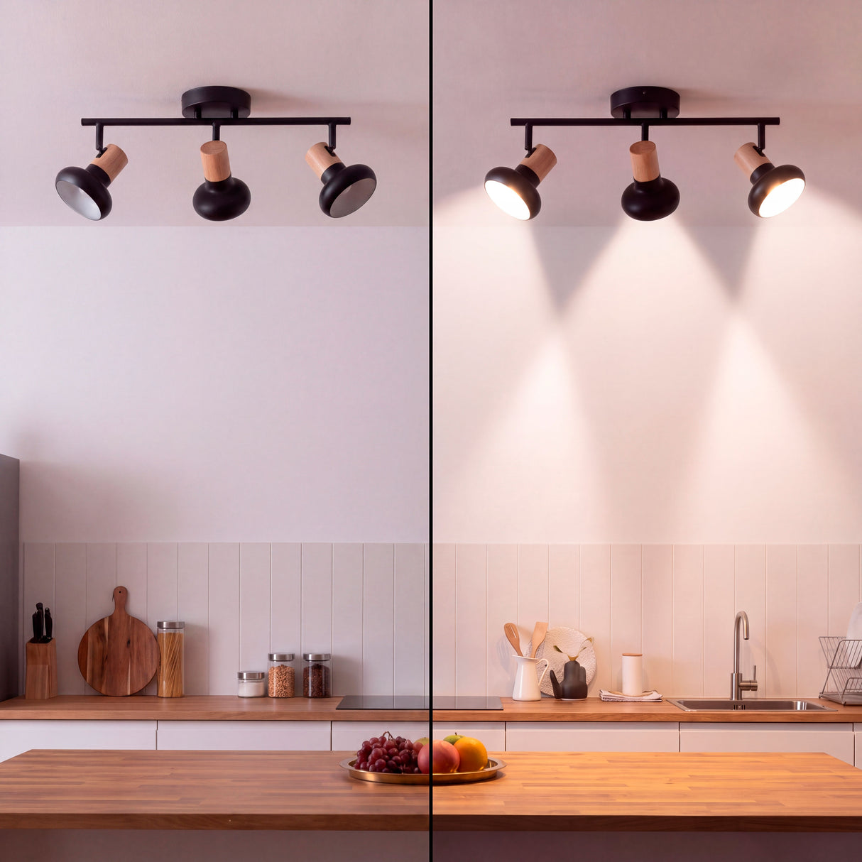 Comparativa de distribución de luz cálida sobre encimera en diseño de cocina abierta contemporánea.