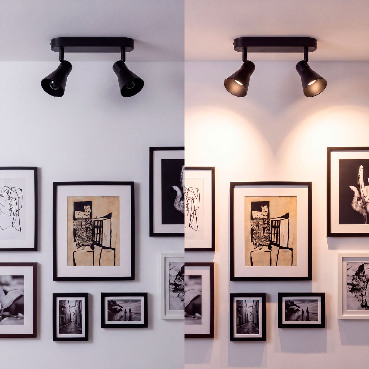 Comparativa de distribución de flujo luminoso puntual sobre pared decorativa en arquitectura contemporánea.