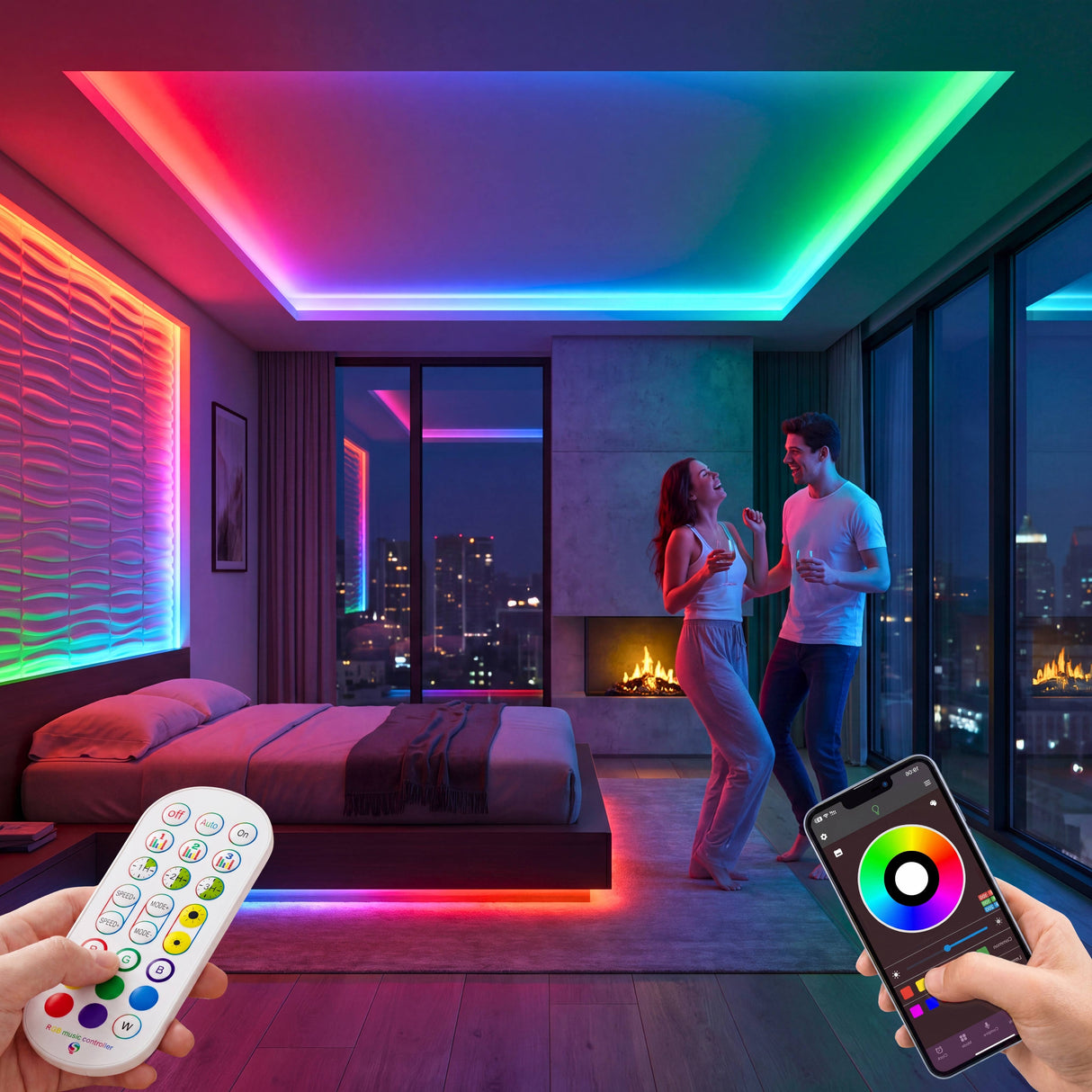 Entorno de vida moderno con luces LED RGB que crean un ambiente cálido y acogedor en el dormitorio.