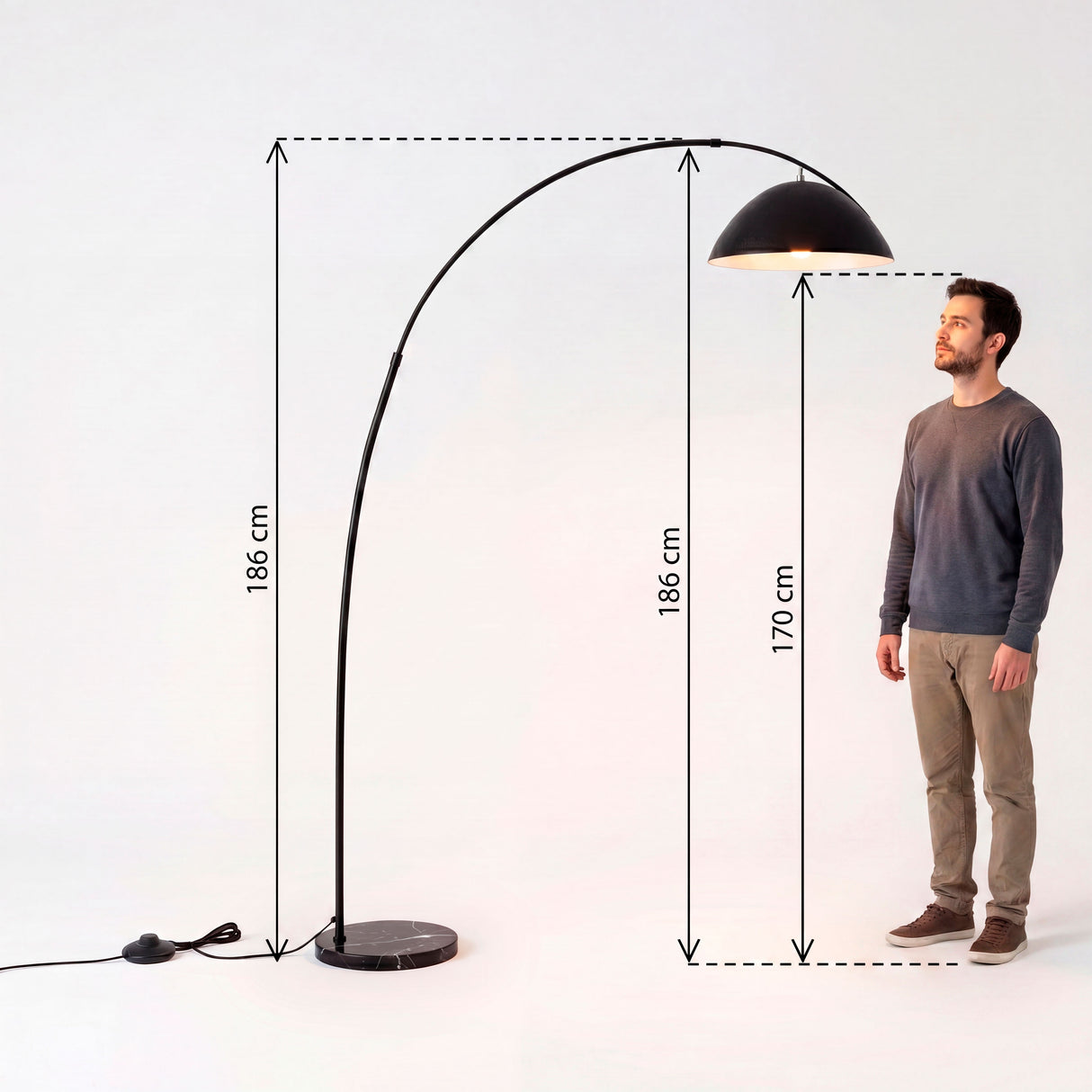 Gráfico de proporciones que compara la altura del arco con la estatura promedio de una persona para diseño.