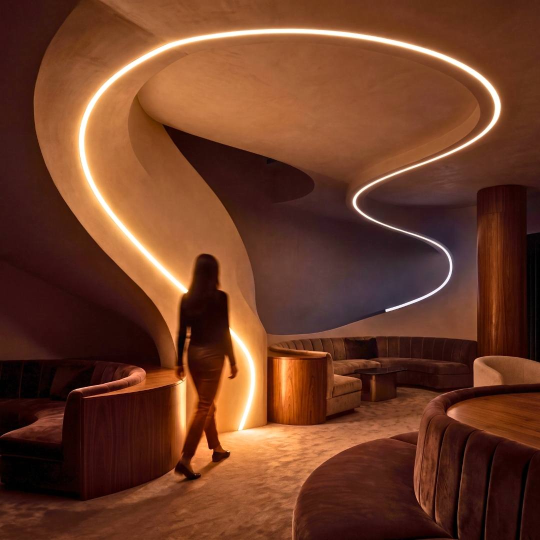 Escalera caracol moderna con peldaños de luz LED controlados por sistema inteligente