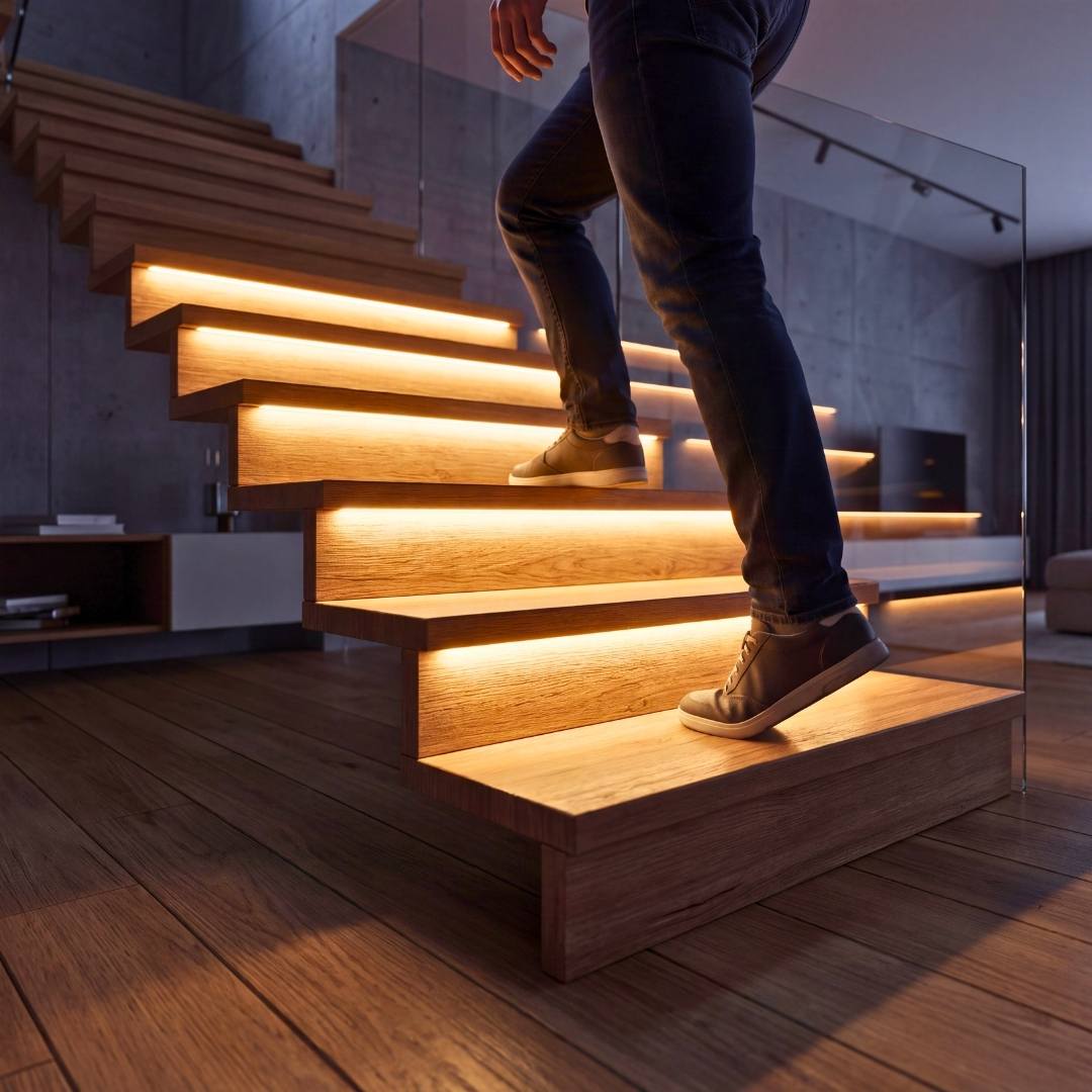 Persona subiendo una escalera con peldaños LED que se encienden en secuencia a su paso