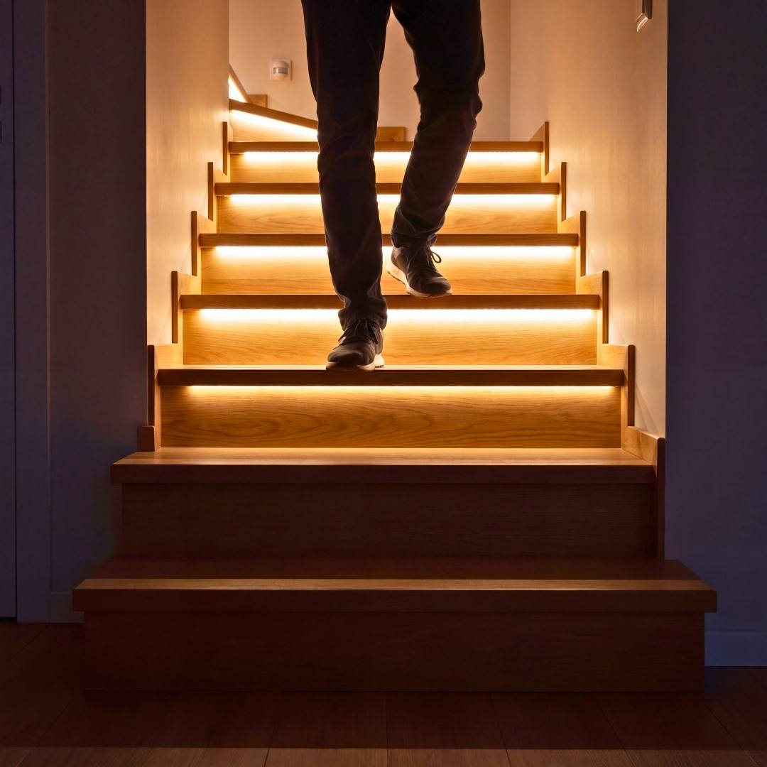 Peldaños LED encendiéndose al paso de una persona con el controlador de escaleras