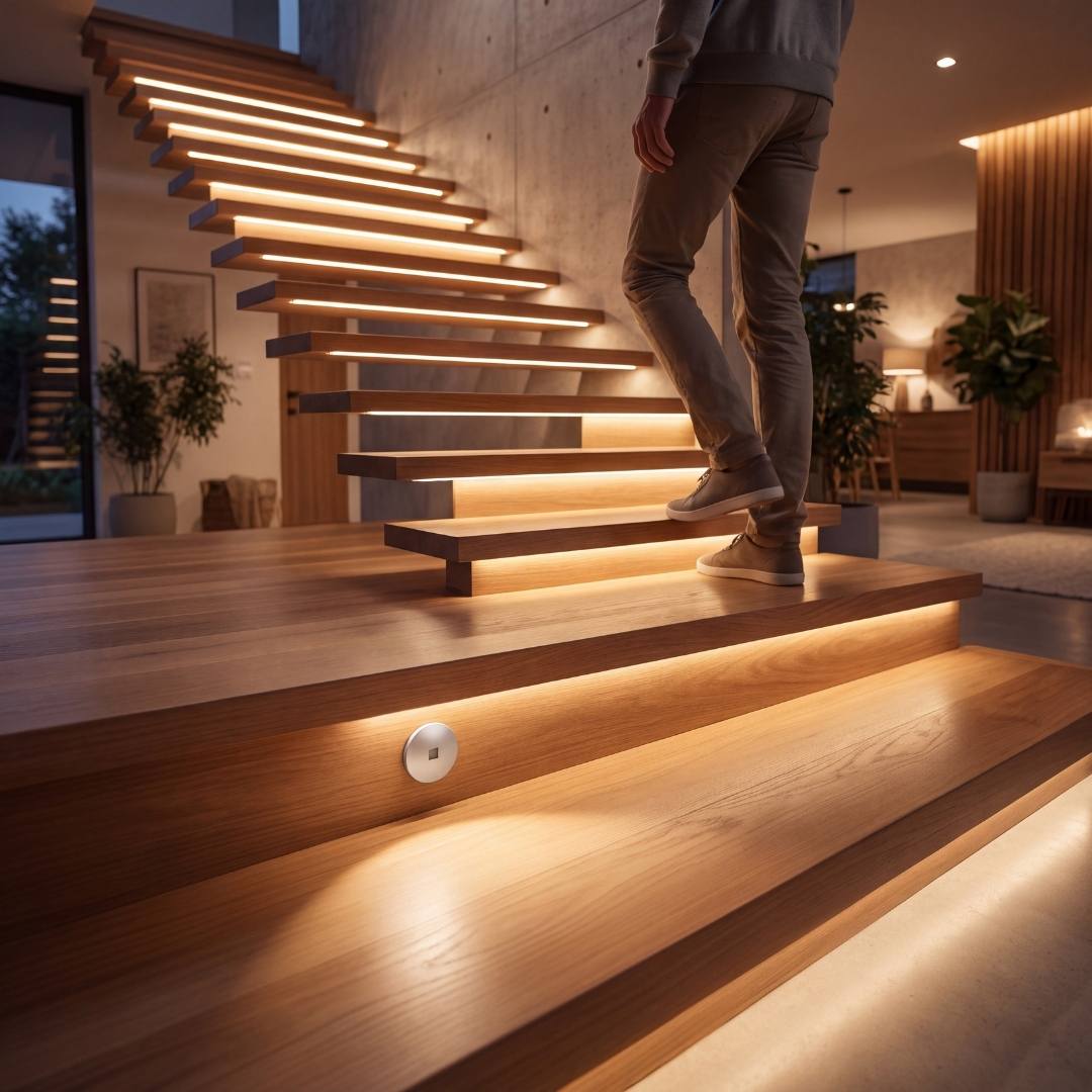 Persona subiendo de noche una escalera iluminada con cintas LED