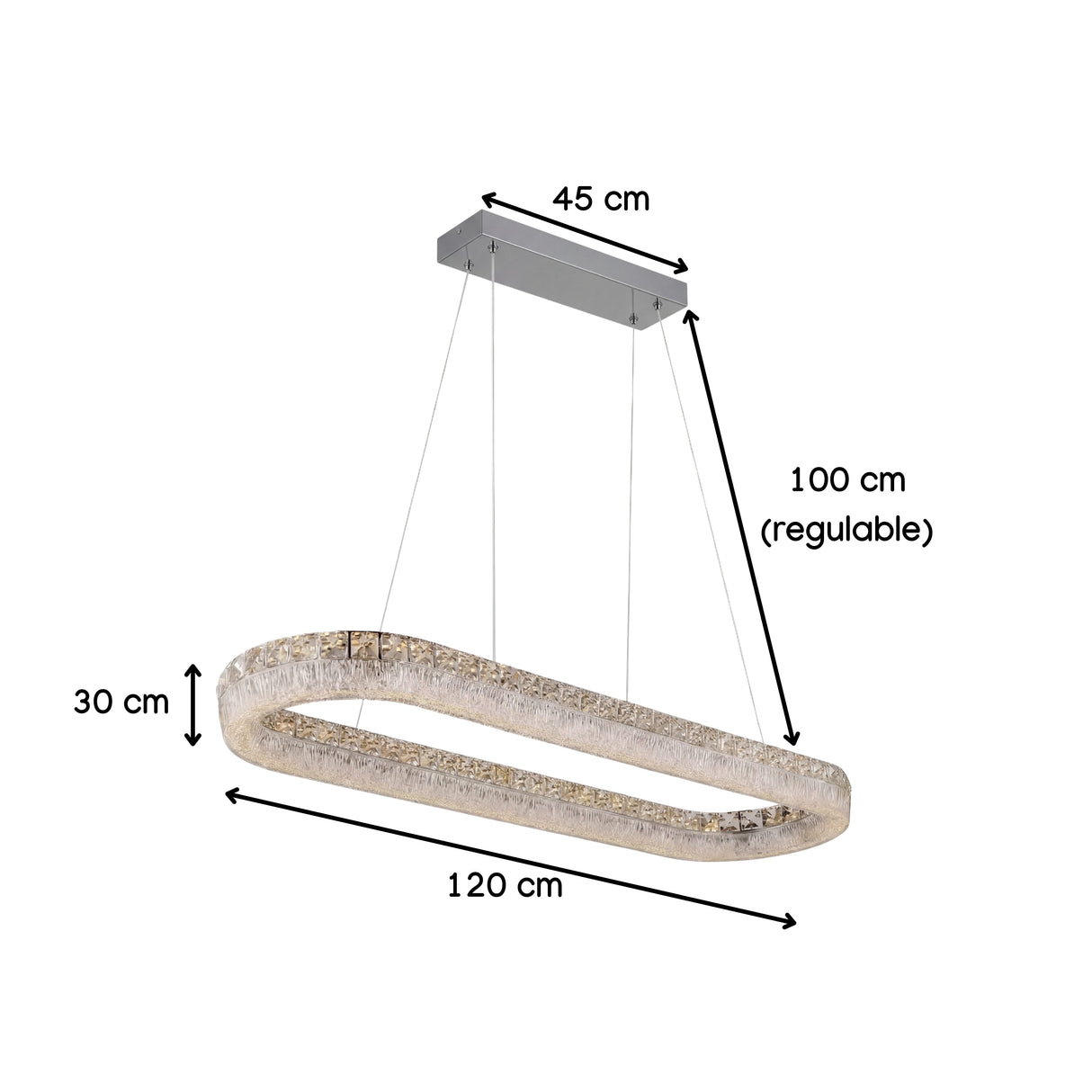 Infografía técnica con medidas de largo, ancho y altura ajustable para proyectos de interiorismo.