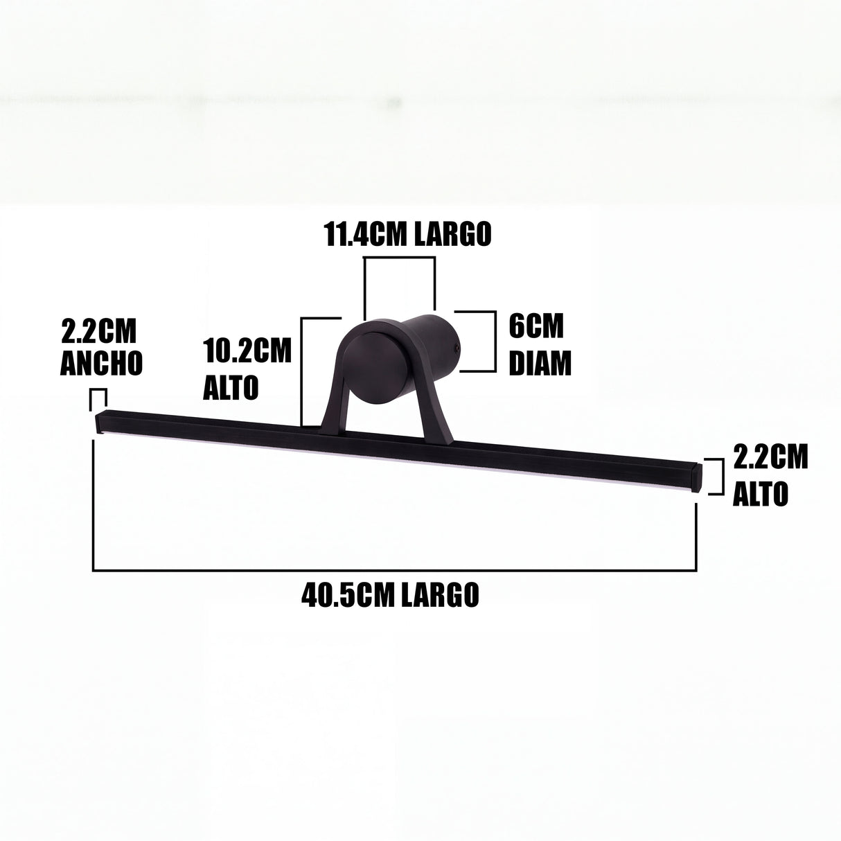 Infografía con cotas arquitectónicas de cuarenta y seis coma cinco centímetros de largo para instalación.