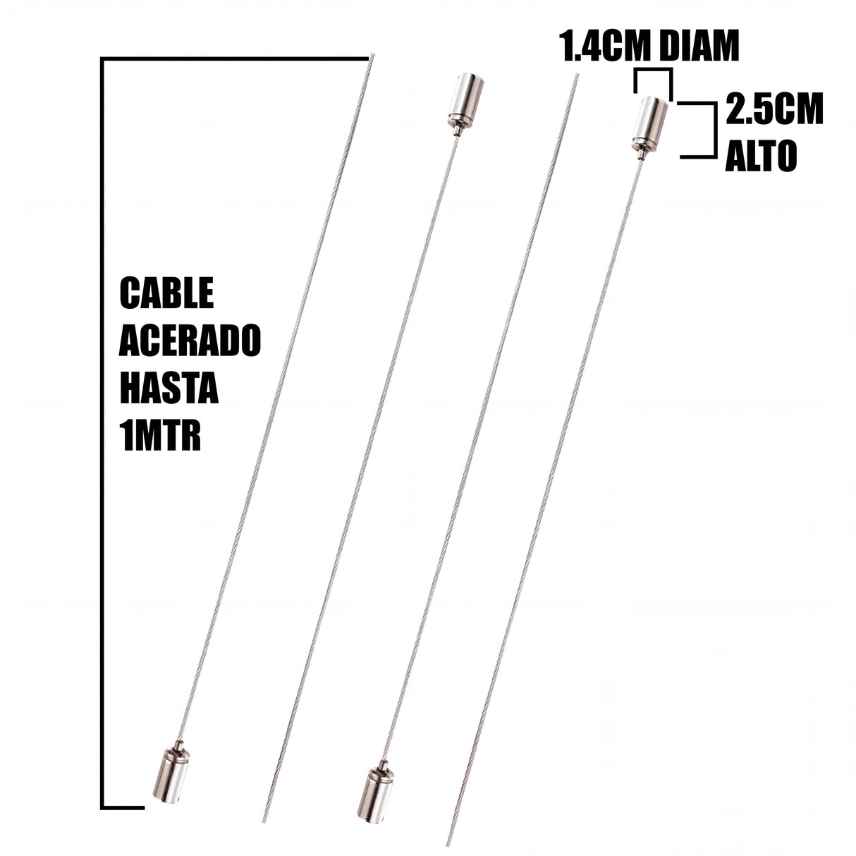 Plano con medidas de 1.4cm de diámetro y cable extensible de hasta 1 metro para planificación técnica.