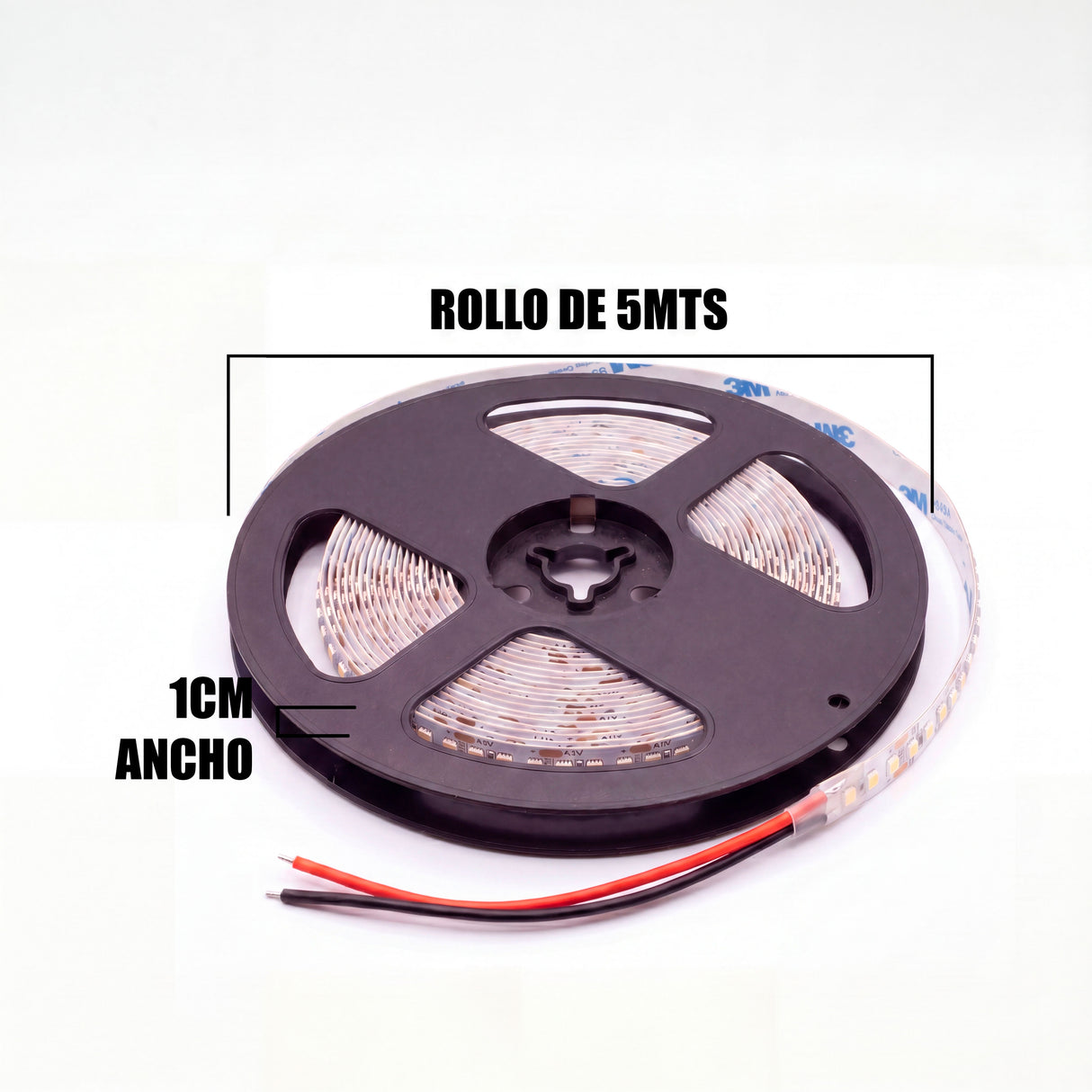 Infografía técnica de tira flexible smd mostrando un ancho de 0.8cm y longitud de rollo de 5 metros.