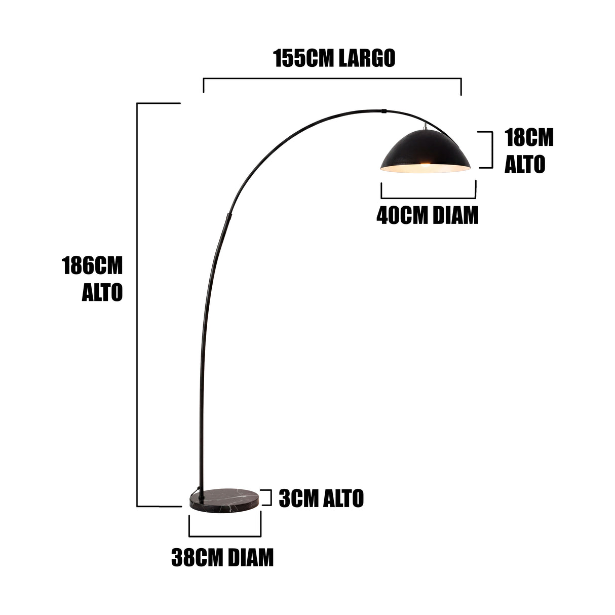 Infografía con cotas mostrando una altura de 186cm y proyección horizontal de 155cm para planos constructivos.