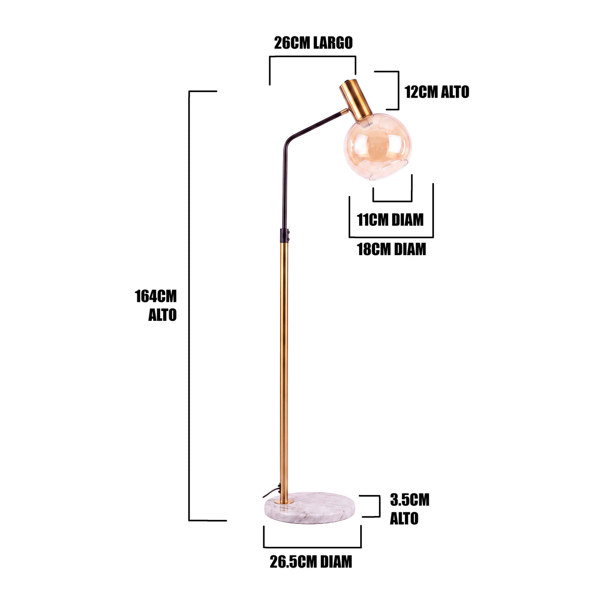Infografía con cotas arquitectónicas indicando una altura total de 160cm y brazo curvo para proyectos.
