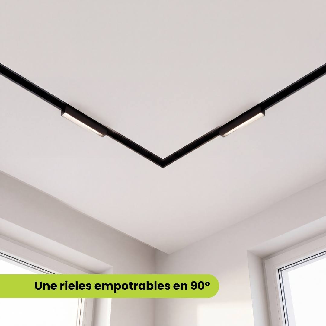 Esquinero 90° uniendo dos rieles magnéticos empotrables en techo, no conduce energía