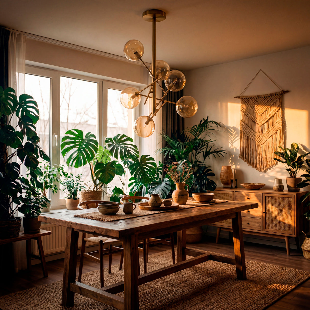 Integración de luminaria Sputnik en comedor de estilo rústico-chic con luz natural.