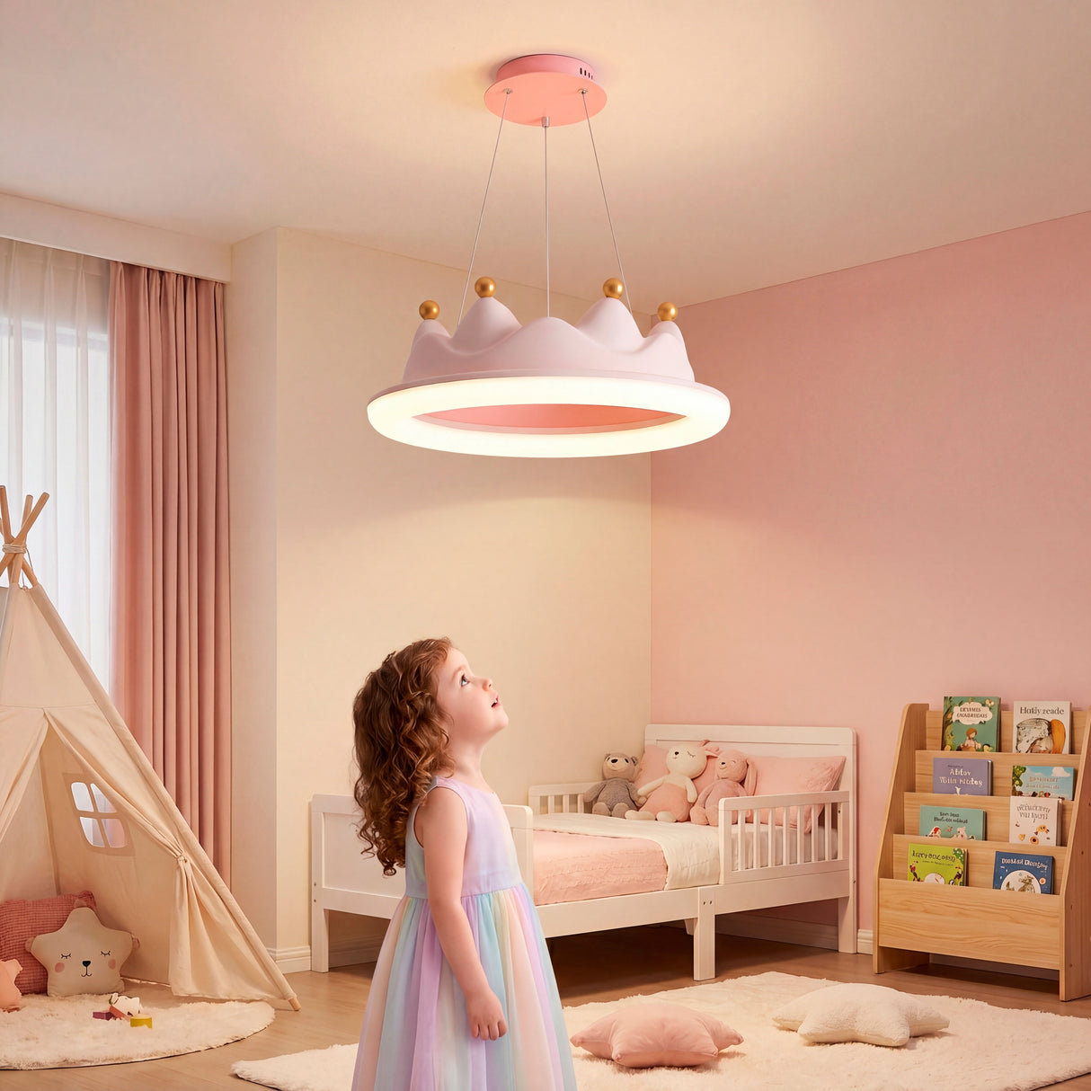 Niña pequeña admirando la lámpara de corona en su habitación decorada.