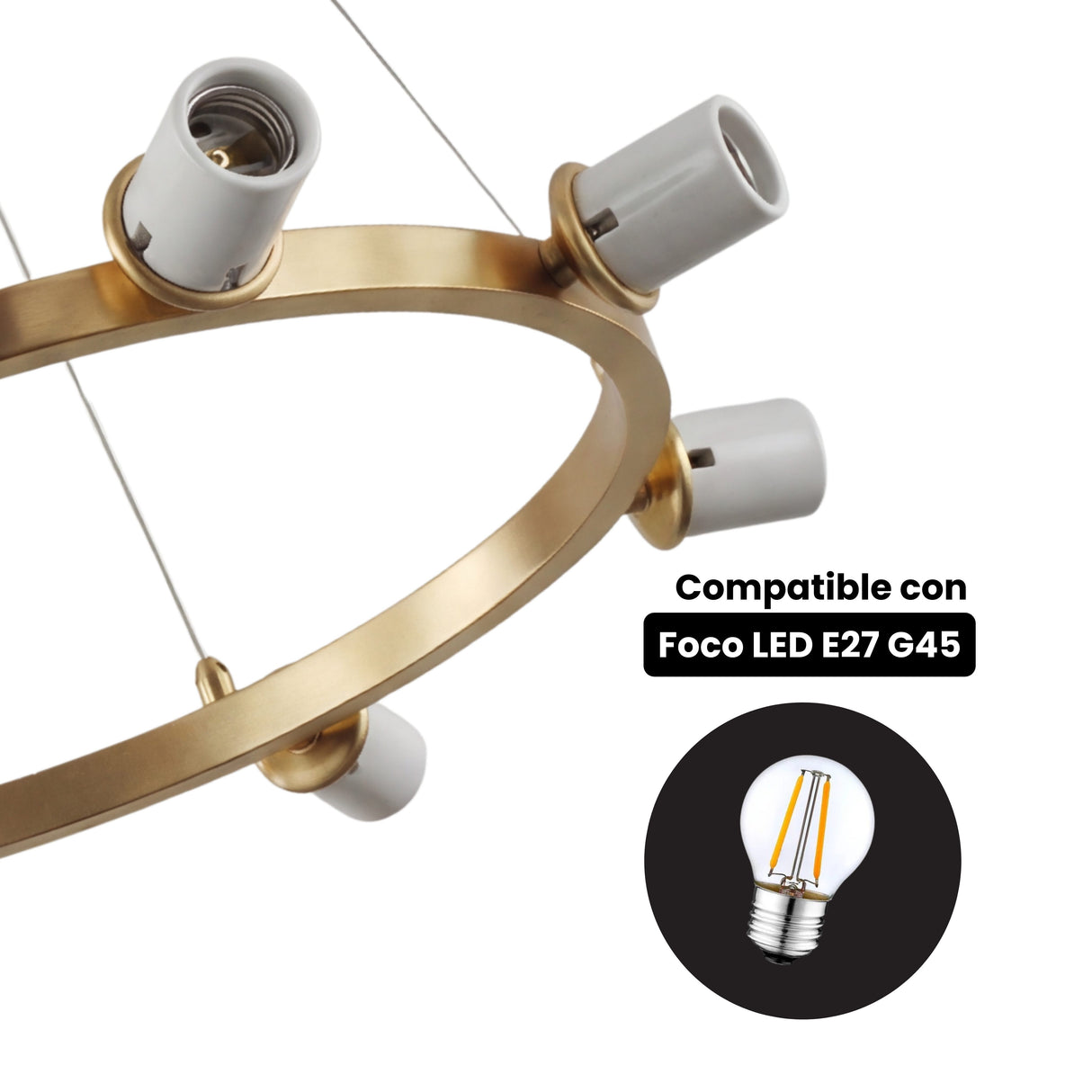 Detalle de los sockets para focos G9 distribuidos simetricamente en el aro dorado de la lampara Collier.