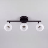 Muestra de catálogo de luminaria lineal con pantallas de cristal mate y chasis negro.