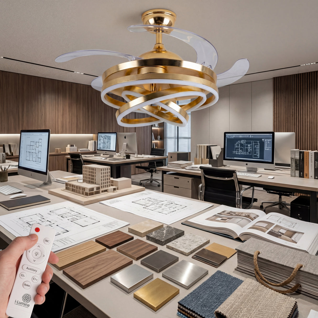 Oficina de diseño de interiores con la lámpara ventilador Gold como referente de estilo.