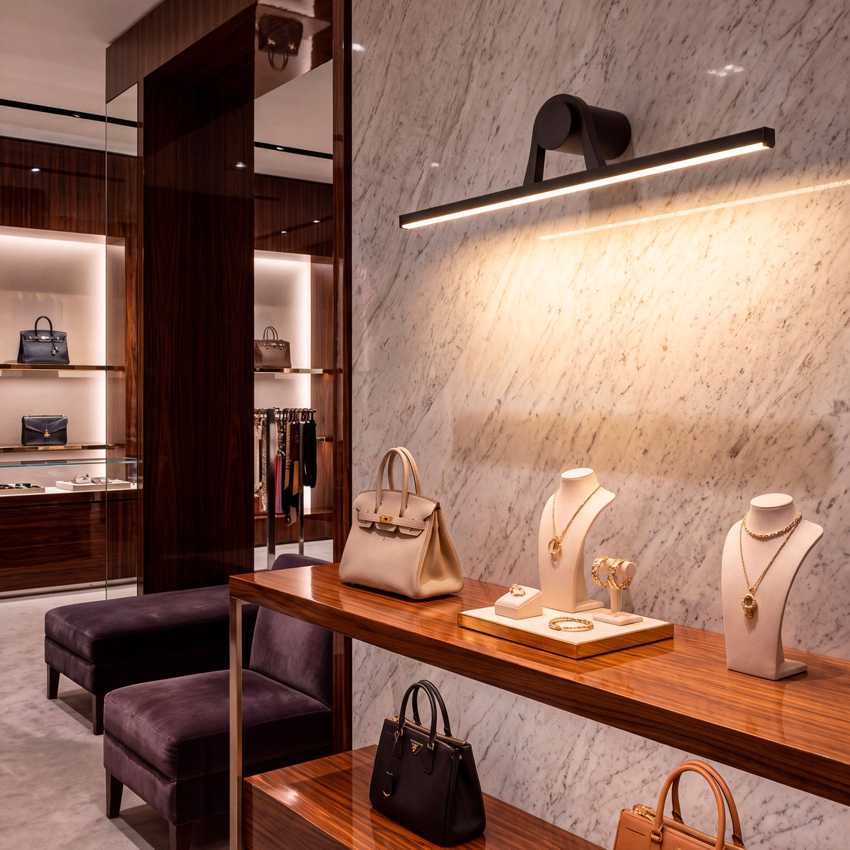 Luz de acento técnica que resalta texturas y colores de productos premium en estanterías de boutique.