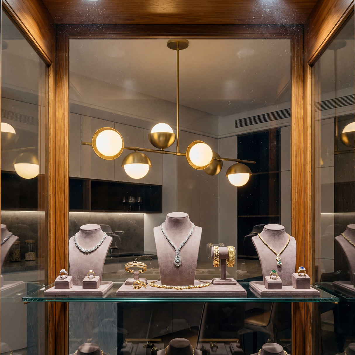 Vitrina de joyeria fina resaltada por la luz elegante de la lampara Nova Gold.
