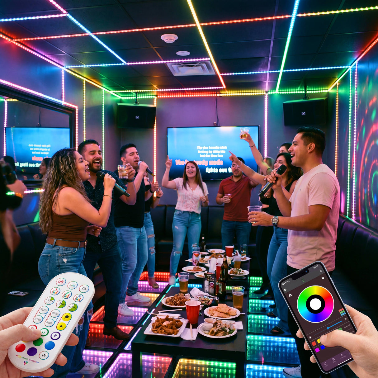 Fiesta animada con personas bailando, donde las luces LED se sincronizan dinámicamente con la música para crear una atmósfera energética.