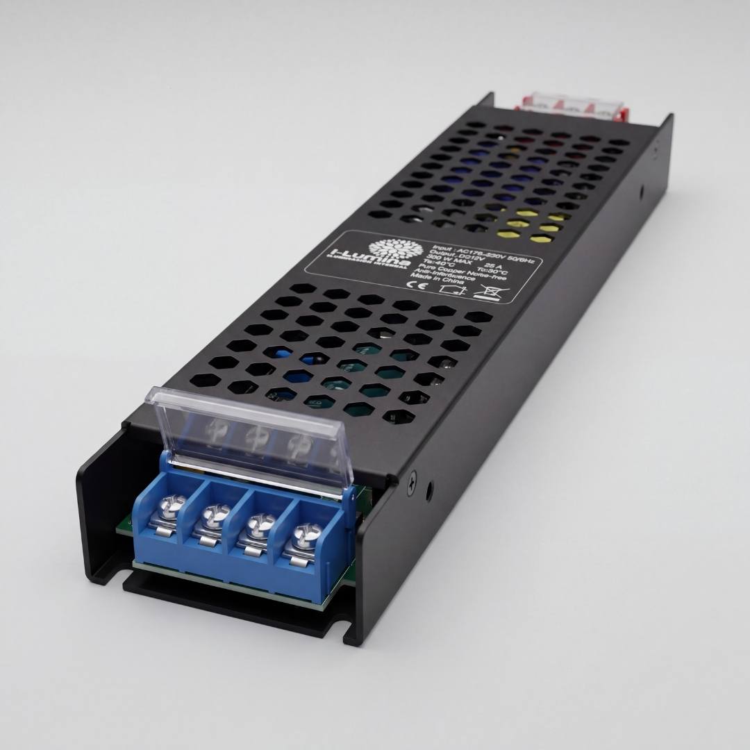Fuente de poder 12V 300W 25A para cintas LED vista desde la bornera de salida