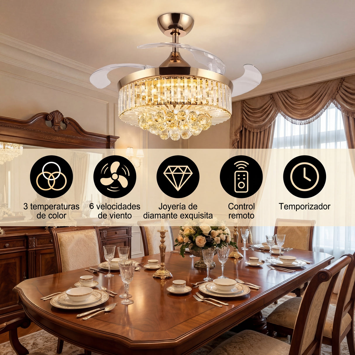 Iconos de funciones: ultra silencioso, temporizador, control remoto y ahorro energético.