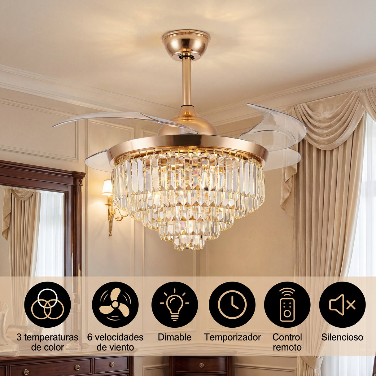 infografia de funciones de ventilador de techo con 3 tonos de luz dimerizable y control remoto en dormitorio de lujo