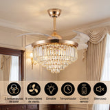 infografia de funciones de ventilador de techo con 3 tonos de luz dimerizable y control remoto en dormitorio de lujo