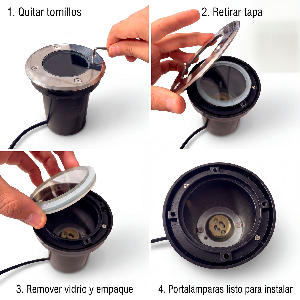 Diagrama de mantenimiento para remover tornillos, tapa y vidrio templado en luminarias exteriores.