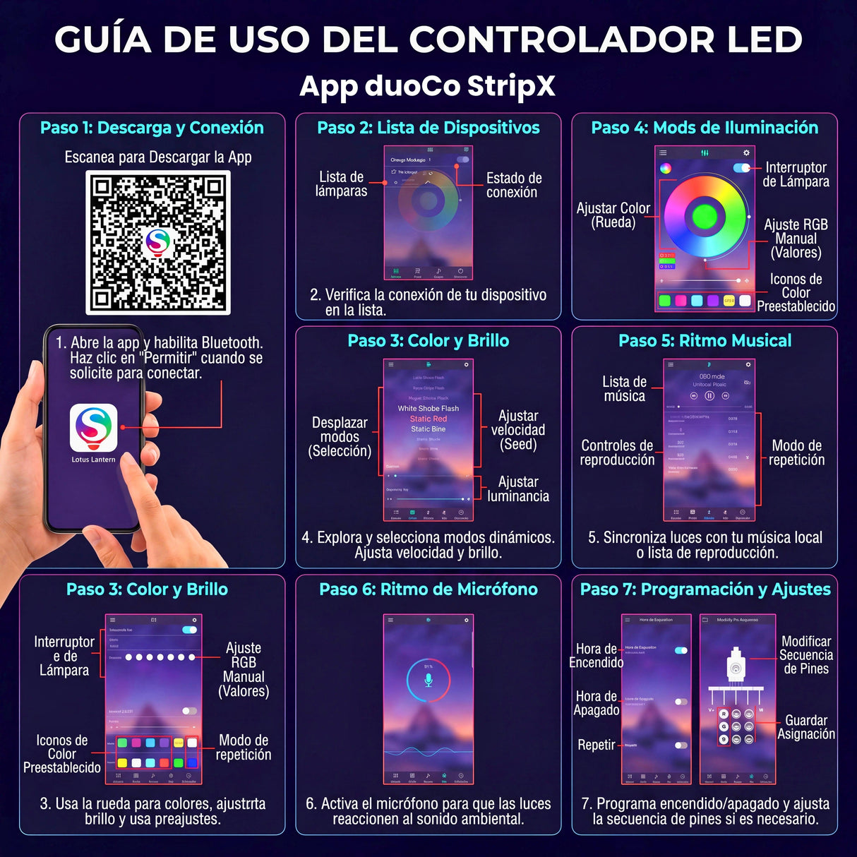 Gráfico informativo que proporciona una guía de uso de la aplicación para luces LED, detallando sus características y funciones.
