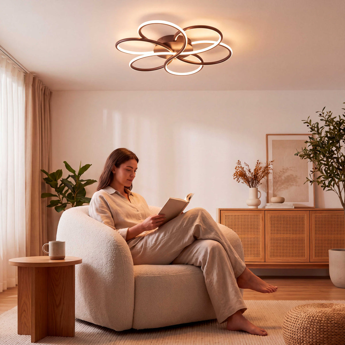 Flujo luminoso de sobreponer sobre rincón de descanso que promueve la ergonomía visual.