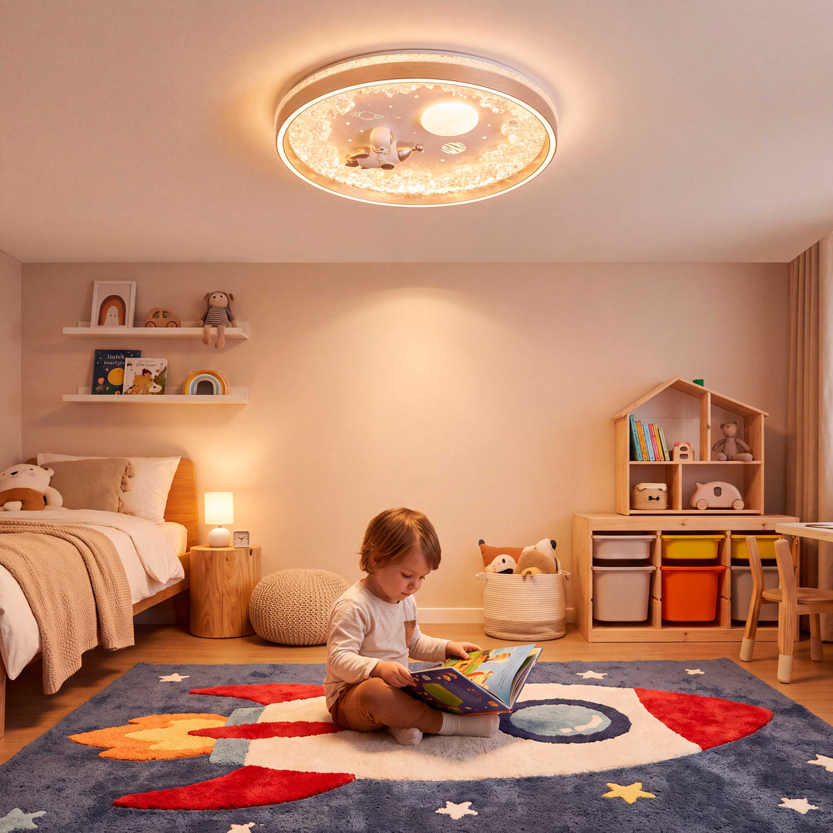 Iluminación cenital cálida sobre dormitorio infantil que proporciona un alto confort visual para el estudio y juego.