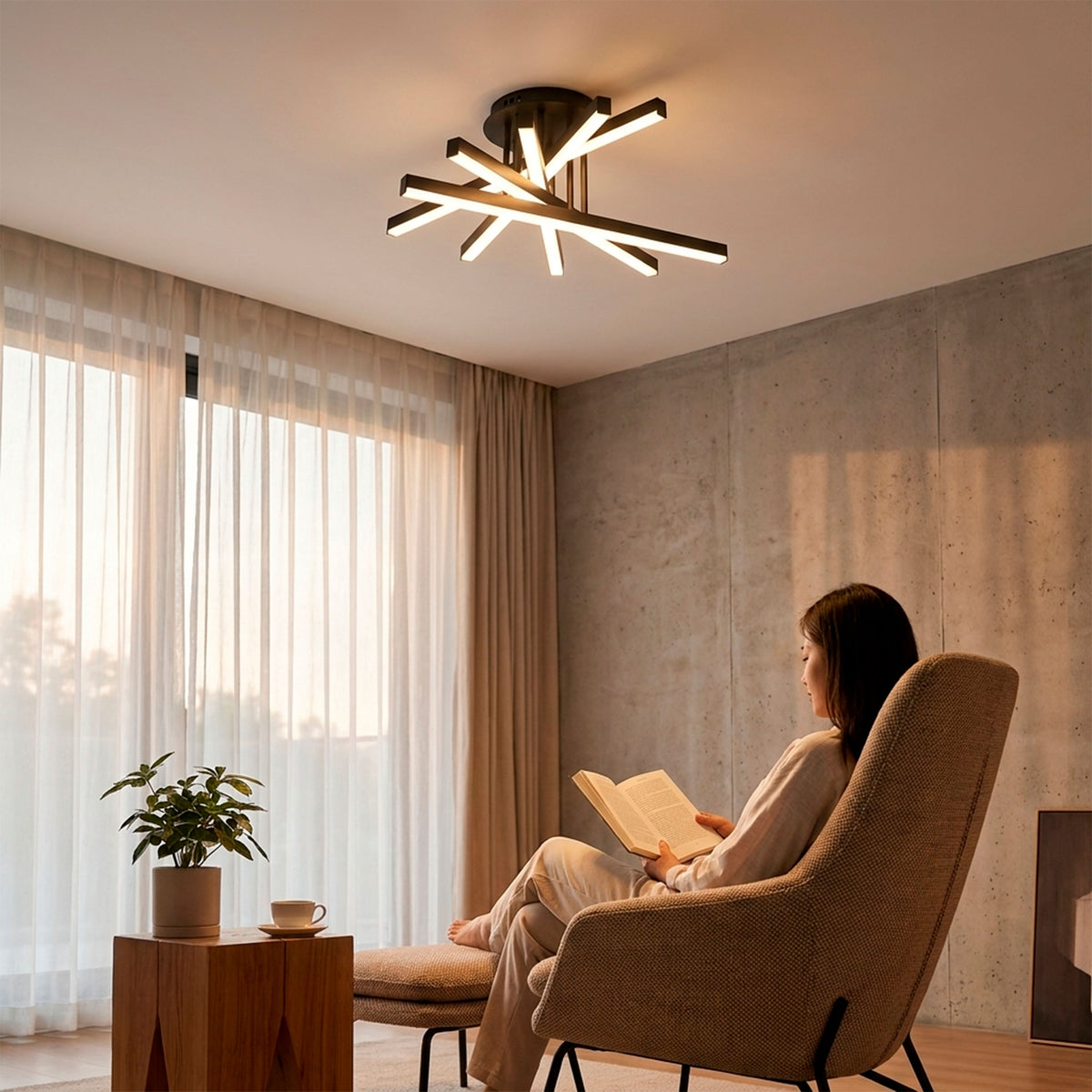 Flujo luminoso de sobreponer sobre rincón de descanso que promueve la ergonomía visual.