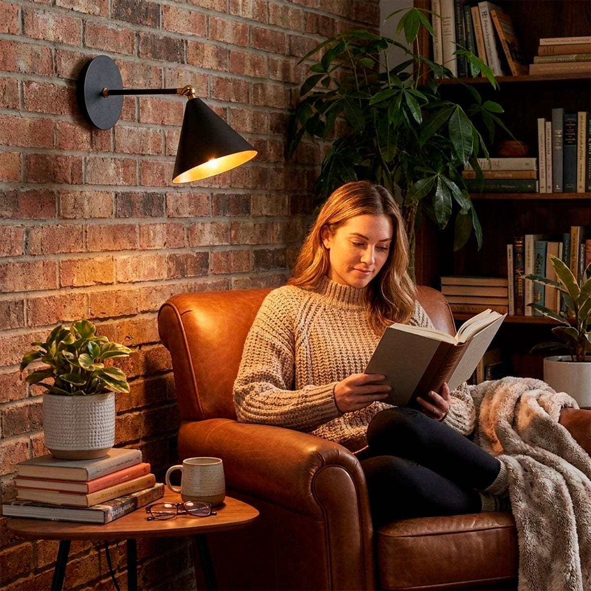 Haz luminoso orientable sobre rincón de lectura que promueve la ergonomía visual y la relajación.