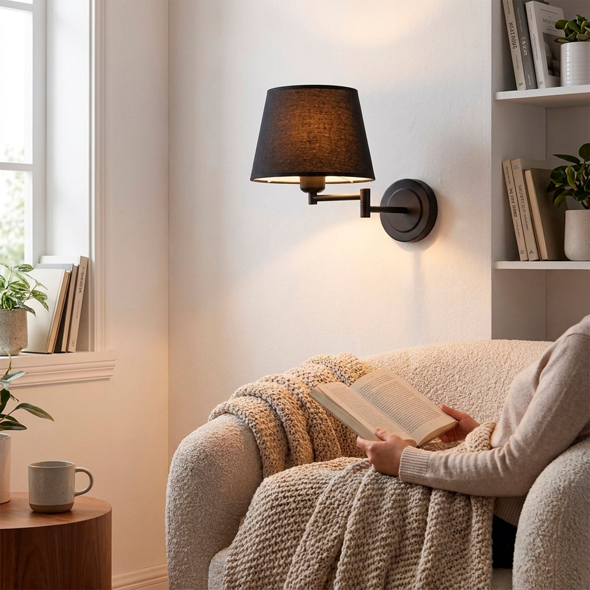 Haz luminoso orientable sobre rincón de lectura que promueve la ergonomía visual y la relajación.