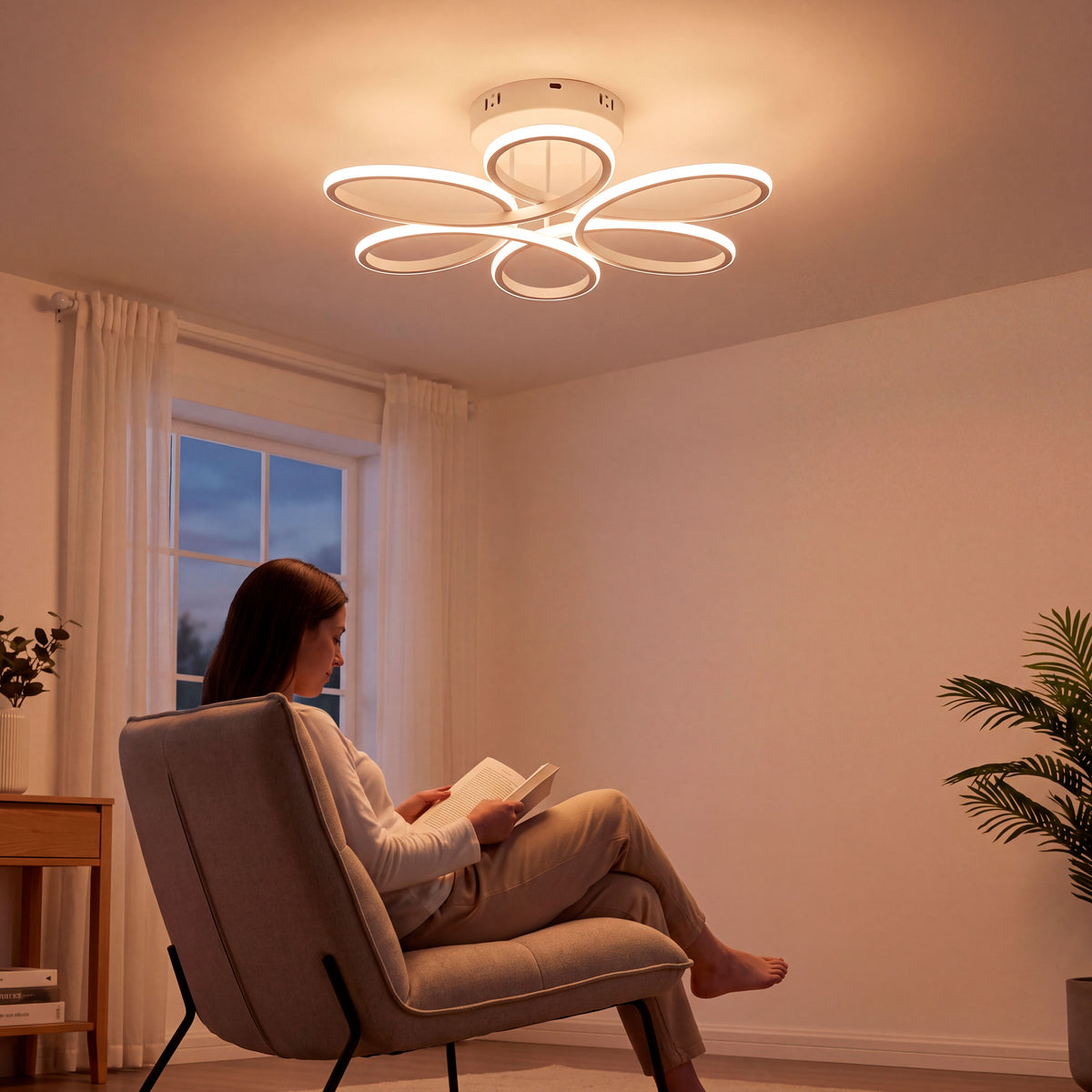 Flujo luminoso de sobreponer sobre rincón de descanso que promueve la ergonomía visual.