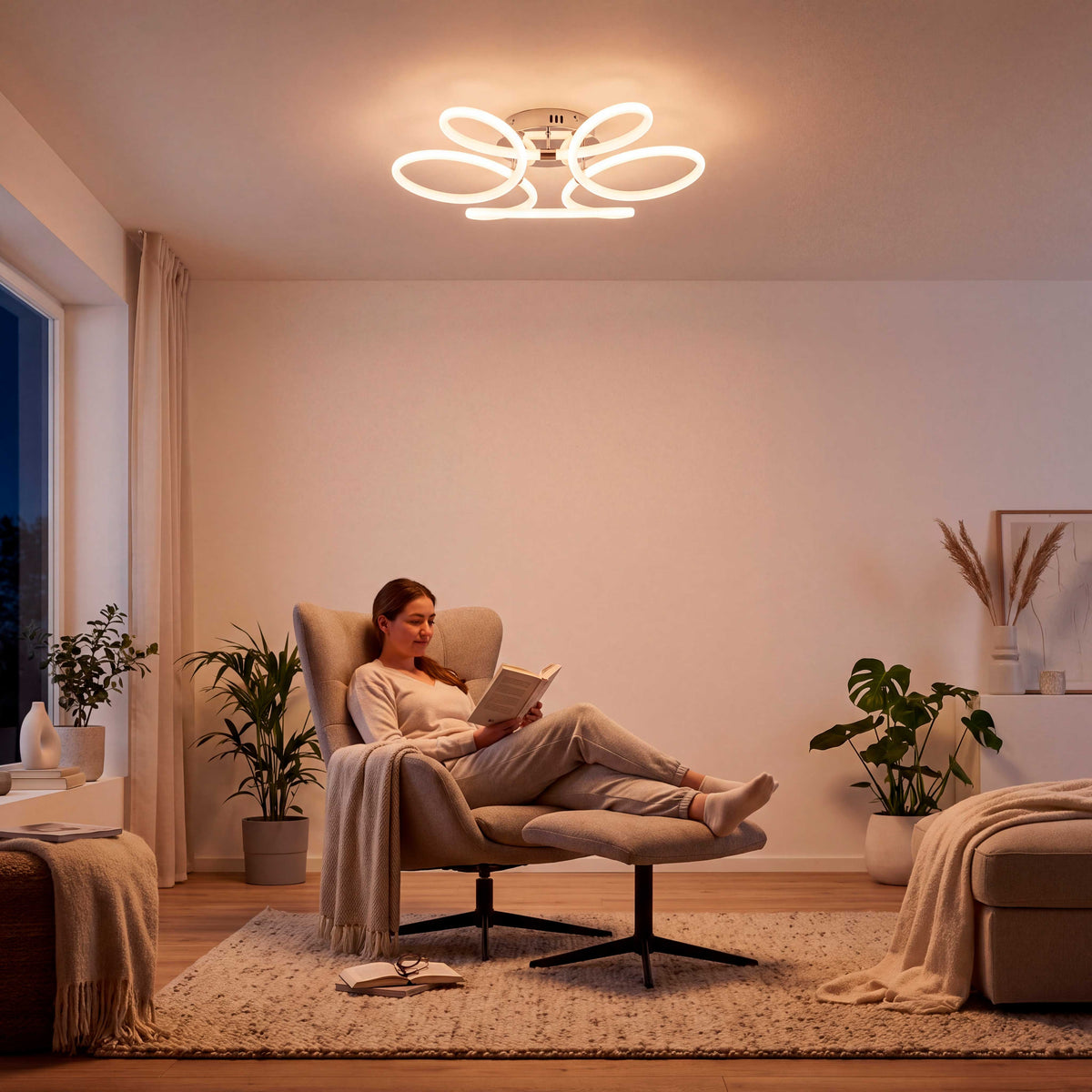 Flujo luminoso de sobreponer sobre rincón de descanso que promueve la ergonomía visual.