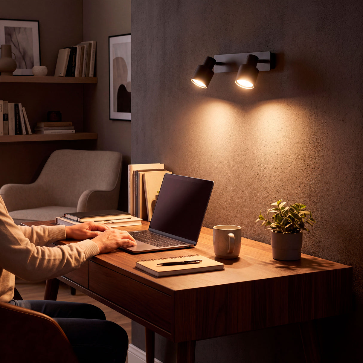 Punto de luz direccional puntual sobre escritorio residencial que favorece el confort visual.