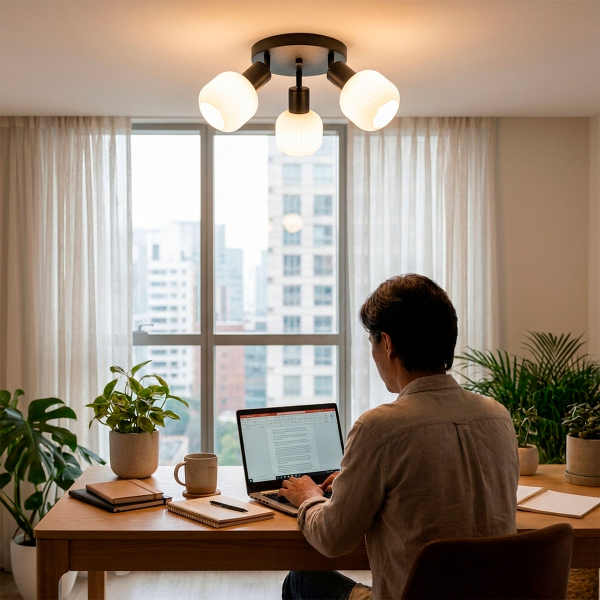 Haz luminoso distribuido sobre área de estudio residencial que favorece el confort óptico sin deslumbrar.