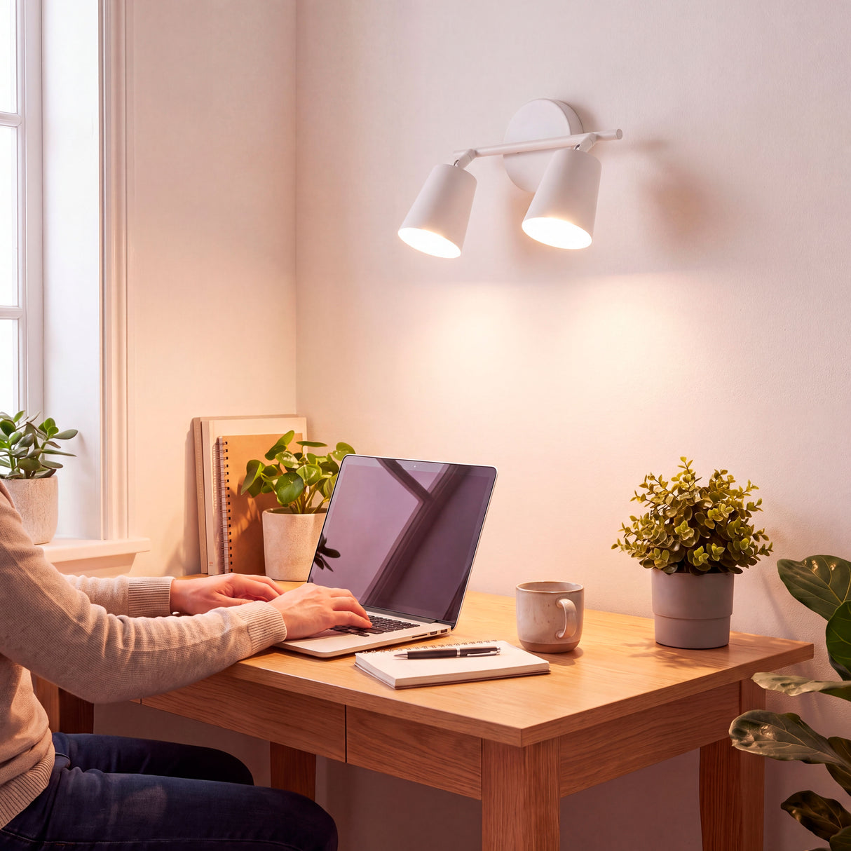 Luz direccional puntual sobre escritorio residencial que favorece la ergonometría y el confort óptico.