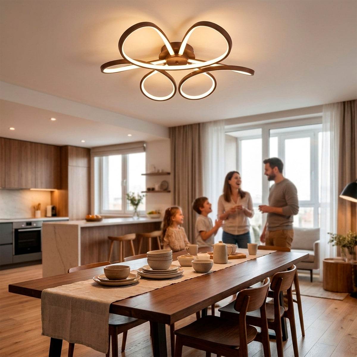 Plafón de diseño céntrico para comedor que optimiza la iluminación en reuniones y cenas.
