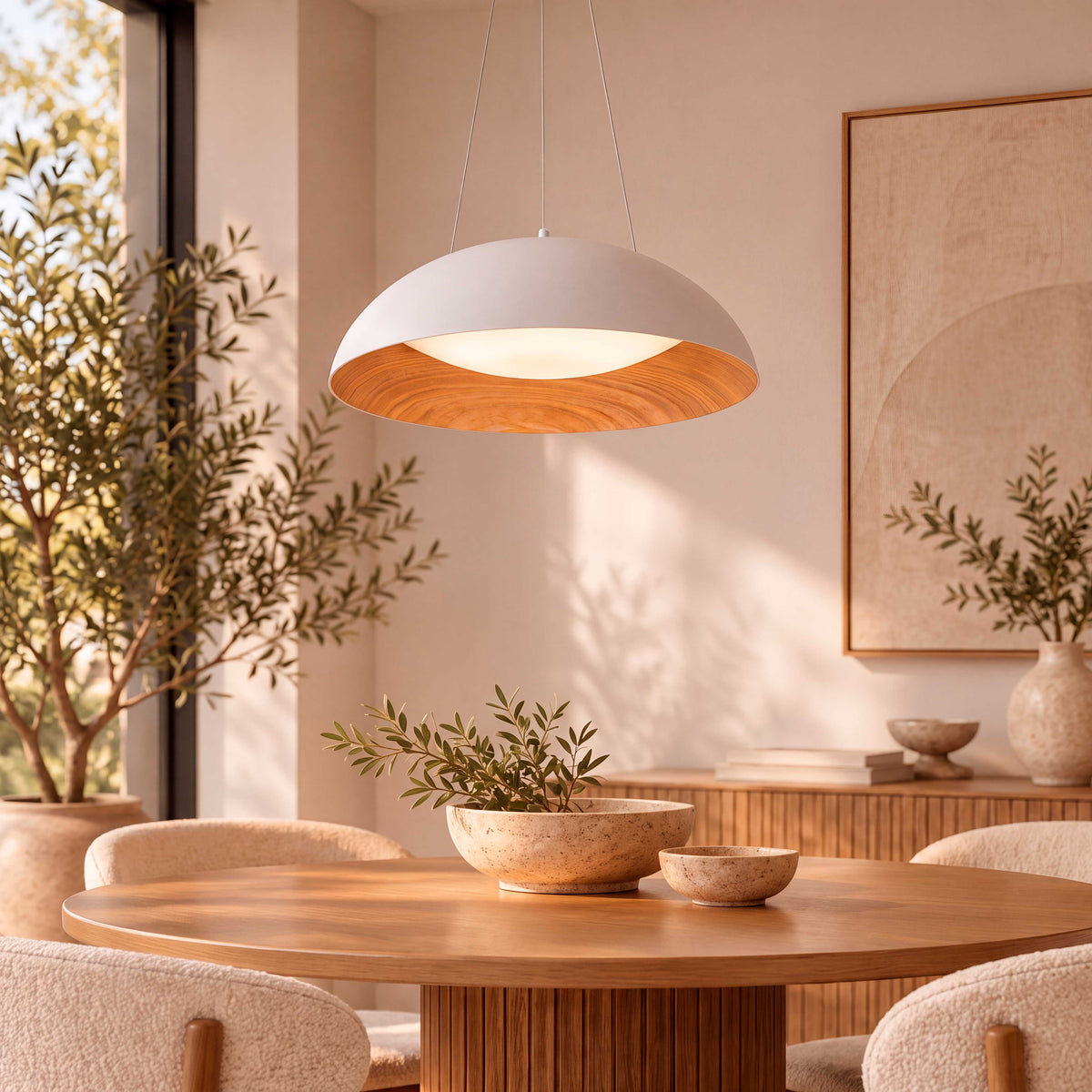 Haz focalizado para área de comedor moderno integrando texturas orgánicas y confort óptico en arquitectura de interiores.