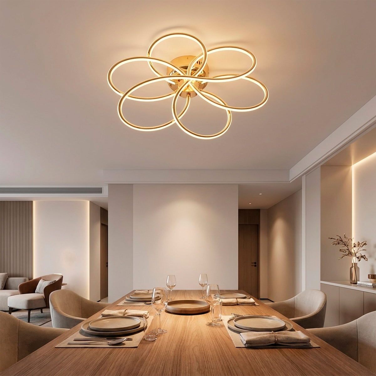 Plafón de diseño céntrico para comedor que optimiza la iluminación en reuniones y cenas.