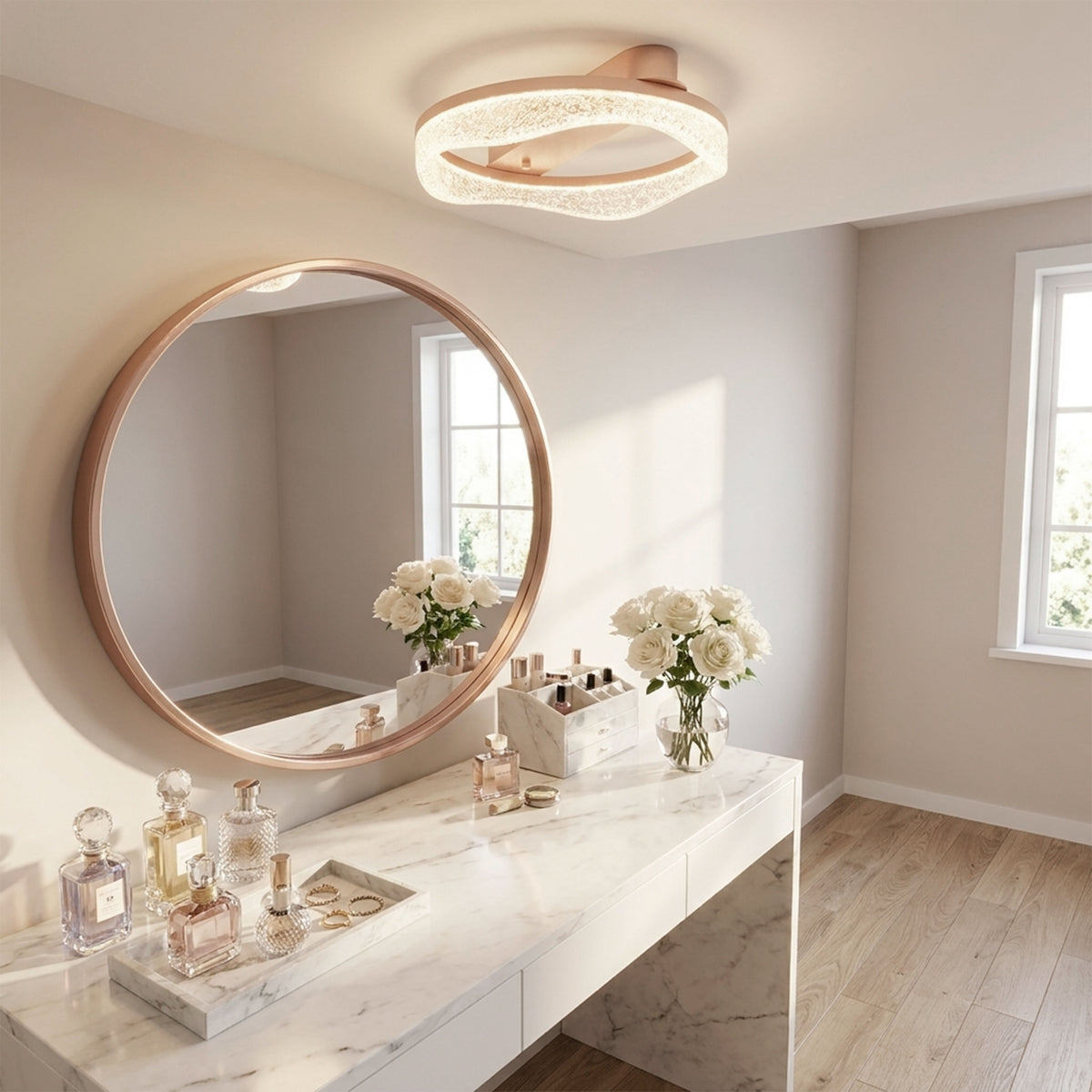 Proyección de haz direccional sobre área de belleza para evitar sombras y maximizar visibilidad.
