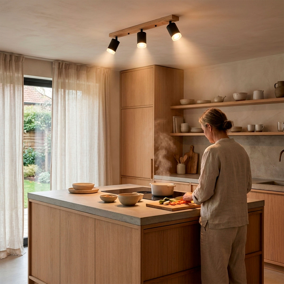 Haz luminoso distribuido sobre barra de cocina residencial garantizando el máximo confort óptico.