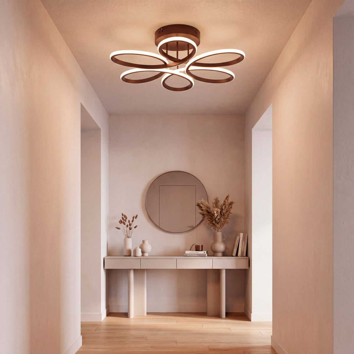 Puntos de luz de acento direccionados a zonas de tránsito en espacios de diseño minimalista.