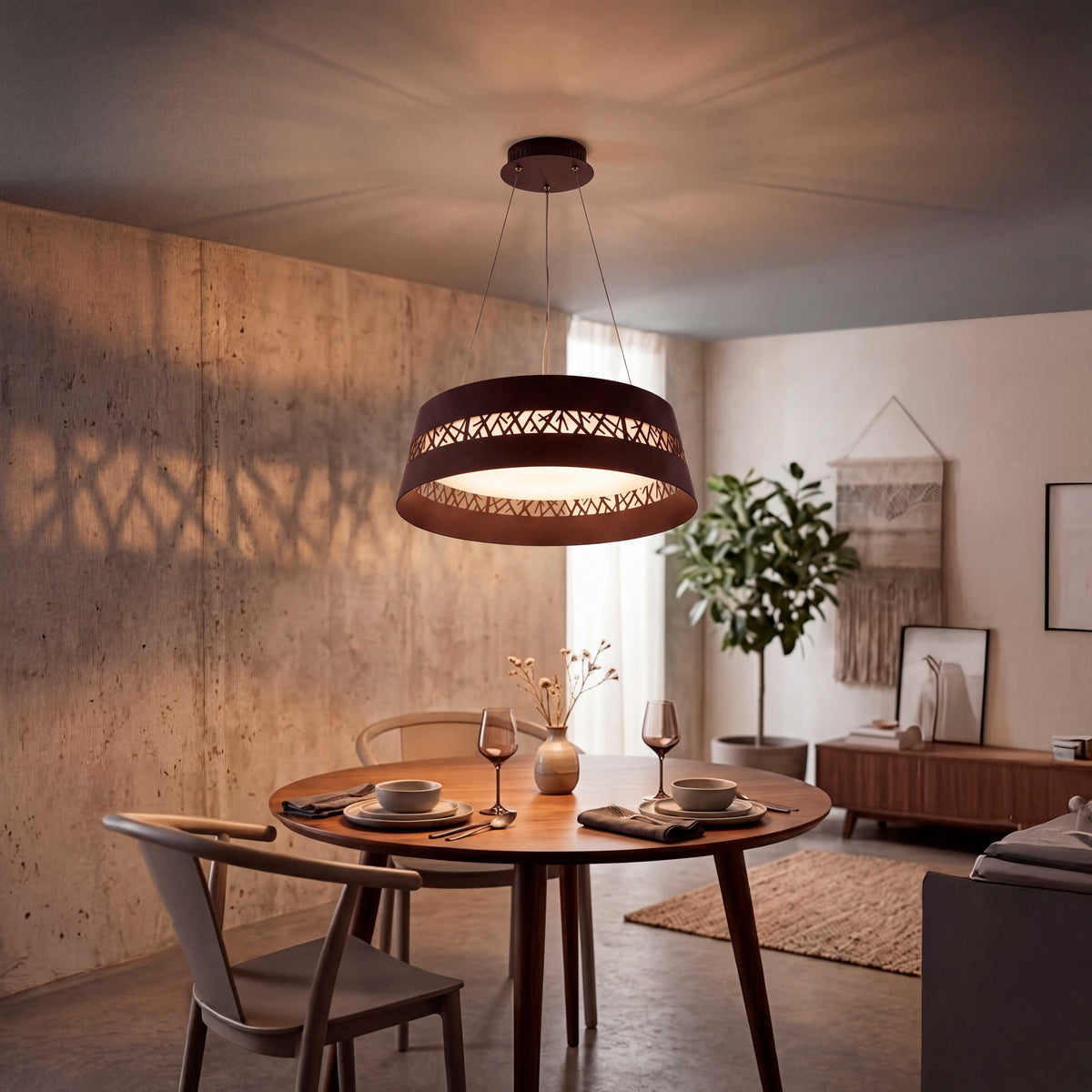 Distribución de flujo luminoso puntual sobre mesa de comedor en diseño de interiores.